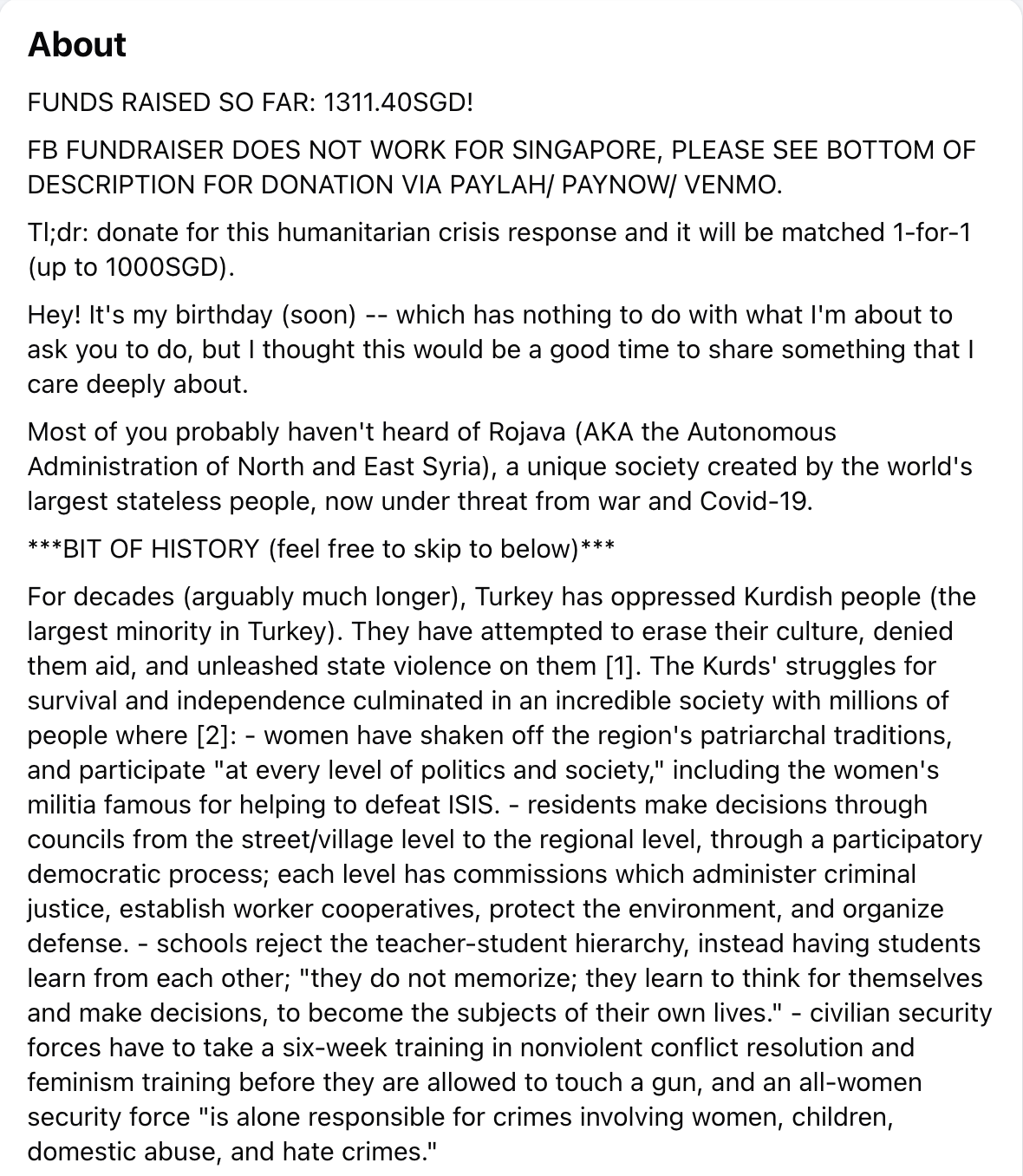 screenshot of write-up about Rojava's history and COVID-19 emergency for the fundraiser